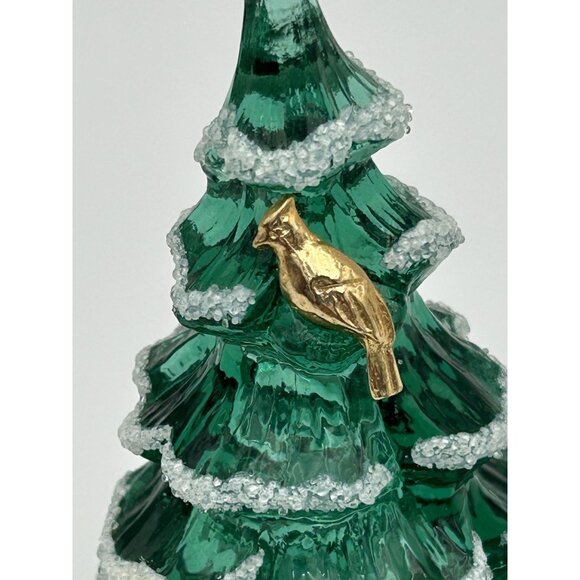 Fenton Green Christmas Tree Set 4" Gold Bird  3" With White Snow Accents Glass - Picture 5 of 10